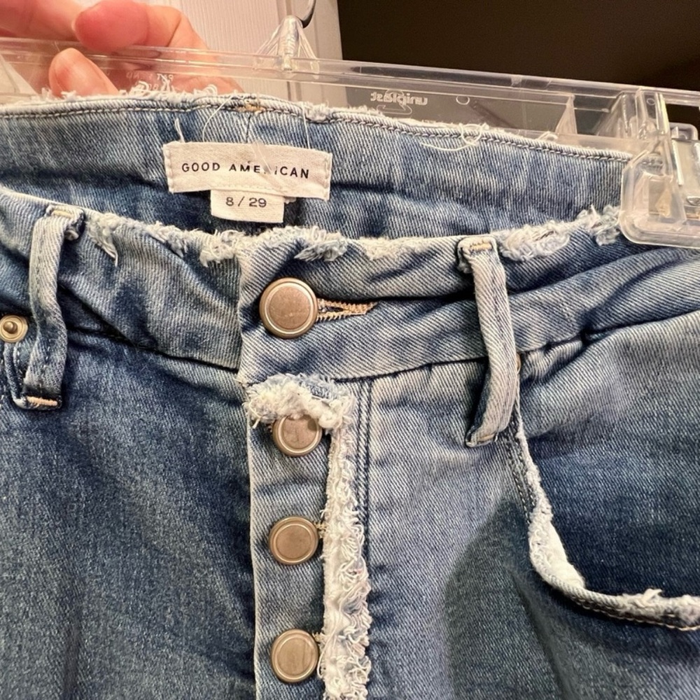 Good American Light Blue Distressed Button-Fly Wide Leg Jeans
